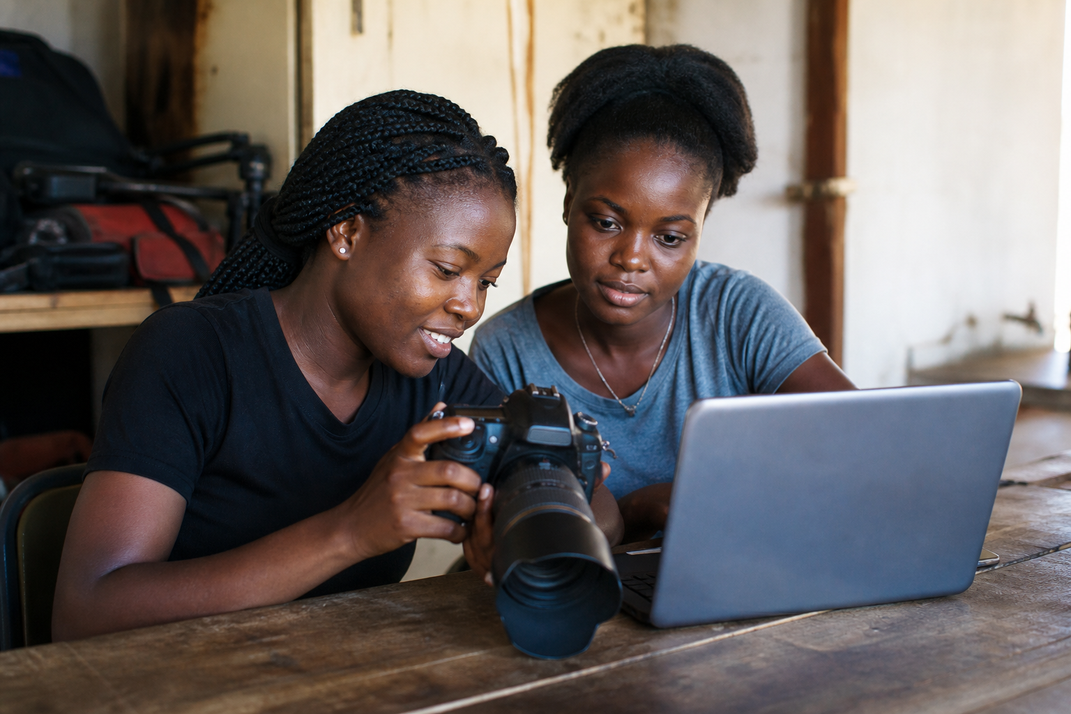 Youth learning media production with camera and laptop